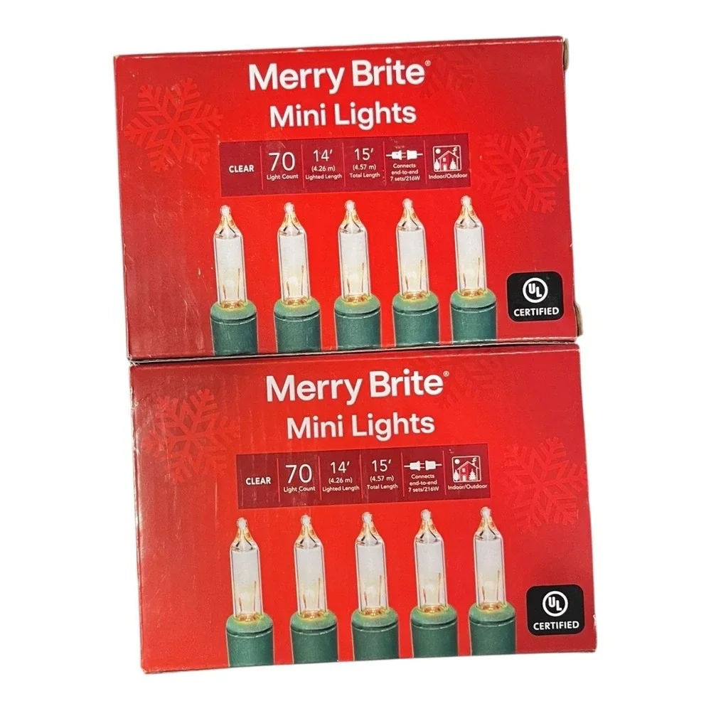 Lot of 2 Merry Brite 70 Count Each Mini Christmas Lights Clear on Green Wire